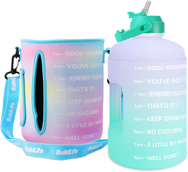 QuiFit 1 Gallon Water Bottle with Straw & Motivational Time Marker, Leak-Proof BPA Free Reusable Jug (Purple/Green)