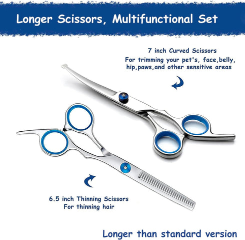 Dog Grooming Scissors - Maxshop 7 Inch Professional 2 Pack Heavy Duty Titanium Stainless Steel Pet Grooming Scissors Kit Rounded Tip Hair Cutting Curved Scissors Thinning Shears for Dogs and Cats by Maxshop