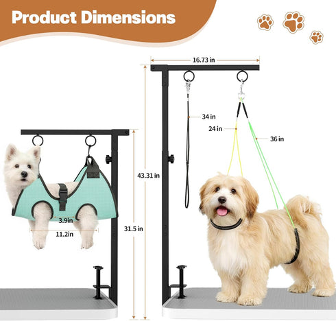 MHACVVO 31.5"-43.3" Hammock 3-in-1 Trimming, Dog Grooming Table Arm, Adjustable Pet Stand with & Clips Grooming Kit