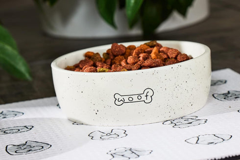 Pearhead Woof Pet Bowl, 24 oz Ceramic Dog Water and Food Dish, Microwave and Dishwasher Safe, Holds 3 Cups
