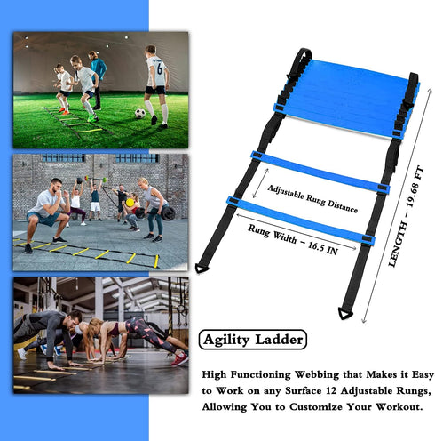 Speed Agility Training Set - Includes Agility Ladder, Steel Stakes, Sports Headband, Jump Rope, Disc Cones, Gym Bag