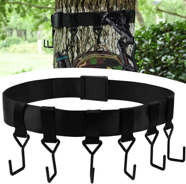 Tree Stand Gear Hanger - Heavy Duty Bow Hanger Strap with 6 Metal Hooks for Archery Hunting Accessories, Fits Trees