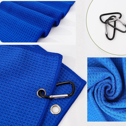 Golf Towel and Brush Set | Microfiber Waffle Design Golf Towel 16" X 24" with Retractable Zip-line Brush (Blue)