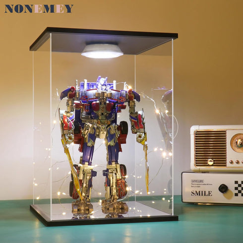NONEMEY Clear Acrylic Display Case, Dustproof Model Showcase Organizer Box with Remote Control Light