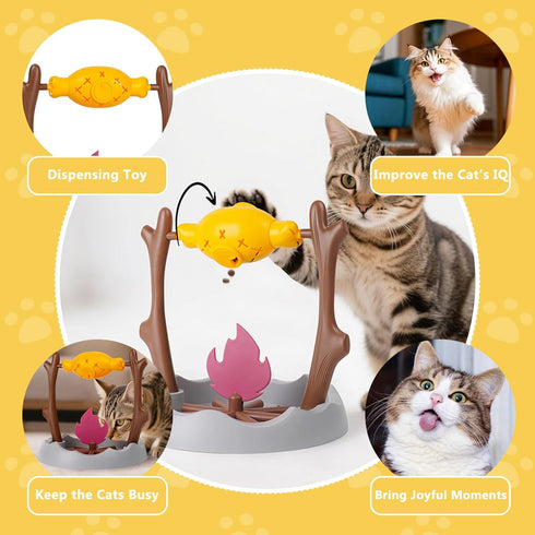 DFQ Cat Slow Feeder, Interactive Cat Puzzle Toy Treat Dispenser - BBQ Campfire Grill Design, Adjustable Rotating Roast