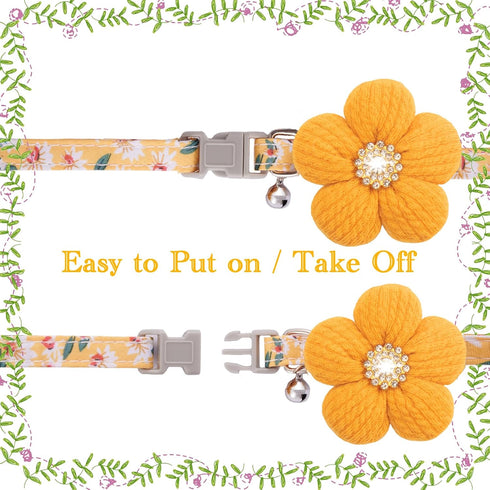 Small Dog Collar with Flower, Adjustable Length Puppy Collar for Girl Dogs, Cute with Bell, Yellow