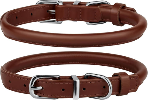 BRONZEDOG Rolled Leather Dog Collar with QR ID Tag for Small, Medium, Large Dogs (XS: 9-11 Inch, Chocolate Brown)