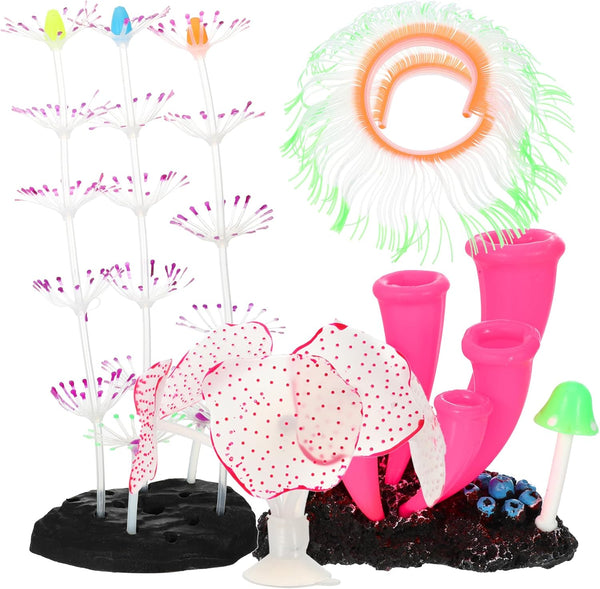 Silicone Glowing Aquarium Decorations, Fluorescence Coral and Sea Anemone Decor Set in Purple, Pink, Green