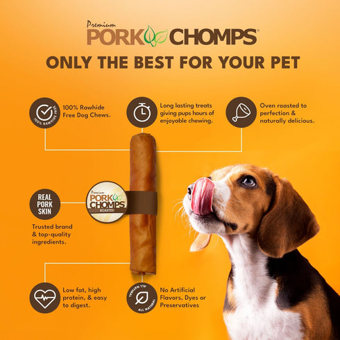 8 Inch 1 Count Pork Chomps Roasted Pork Skin Dog Chew, Roll, - Long-Lasting Treats for Dogs - High Protein