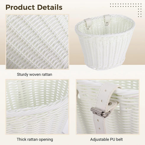 Kids Bike Basket with Adjustable PU Belts, Handmade Woven Rattan Front Handle Basket