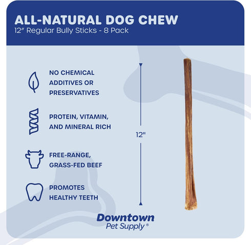Downtown Pet Supply 12-inch Bully Sticks for Large Dogs, Pack of 8 - Rawhide Free Chews for Aggressive Chewers