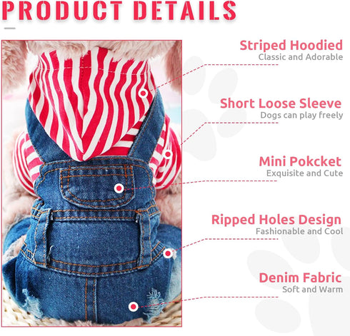 Small Dog Hoodie Clothes Cute Stripe Shirts Denim Jumpsuit One-Piece Outfit for Small Medium Dogs Cats Boy Girl
