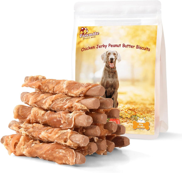 Pawmate Dog Treats Chicken Wrapped Peanut Butter Biscuit Sticks, Grain Free Rawhide