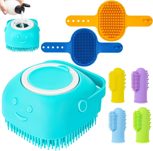 Ponpon 3PCS Dog Bath Brush with 4Pcs Dog Toothbrush, Adjustable Ring Handle Dog Shampoo Brush for Bathing