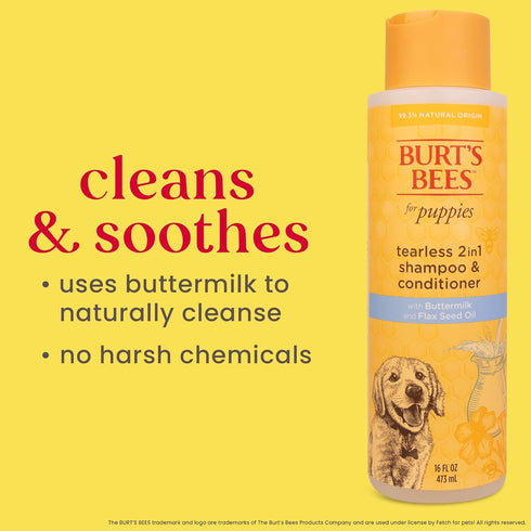 Burt's Bees for Pets 2 in 1 Shampoo and Conditioner, Naturally Derived Tearless for Puppies, 16 Oz, Buttermilk &