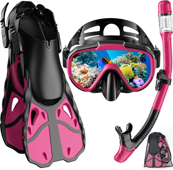 Snorkel Set with Fins for Adults, Snorkeling Gear Combo Set with Dry Top Snorkel Mask & Travel Bag