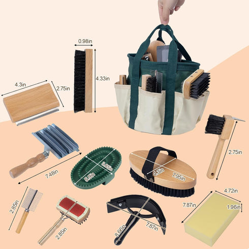 DigNew 13-Piece Set Horse Grooming kit for Daily Care,Complete Horse Supplies with Wood Brushes, Tack Essentials, Curry