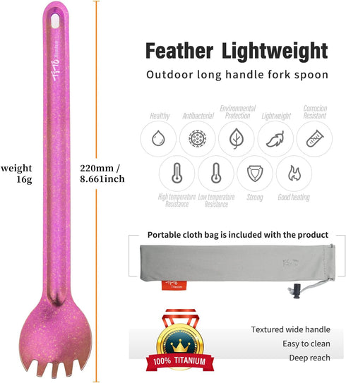 TiTo Titanium Long Handle Spork and Spoon, Eco-Friendly Ultralight Flatware for Camping and Travel