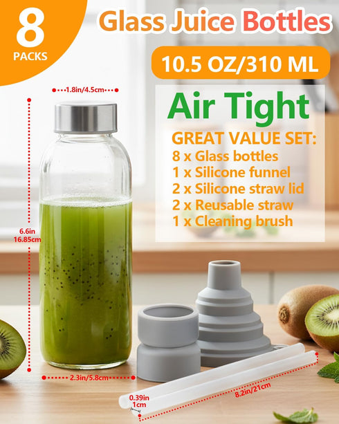 10.5 oz, 8 Pack Zukro Glass Juice Bottles Reusable Small Clear Water Container With Stainless Steel Lids & Straw