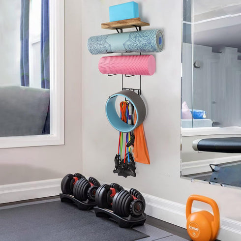 Yoga Mat Holder Accessories, Wall Mount Organizer with 4 Hooks, Storage Rack for Foam Roller, Towel, Yoga Mats