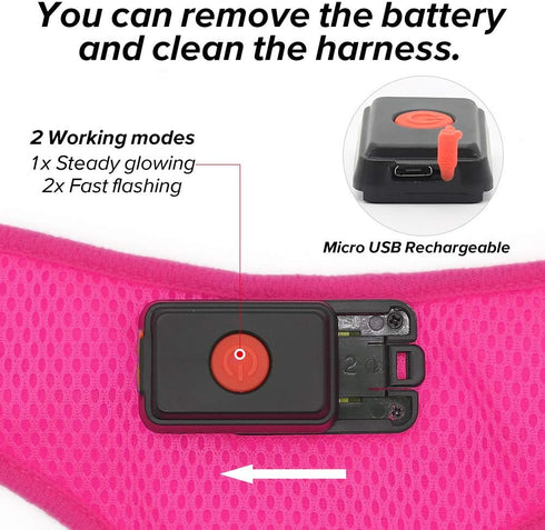 Light Up Dog Harness, No-Pull LED Rechargeable Glowing Pet Harness for Night Walking & Camping, Hotpink