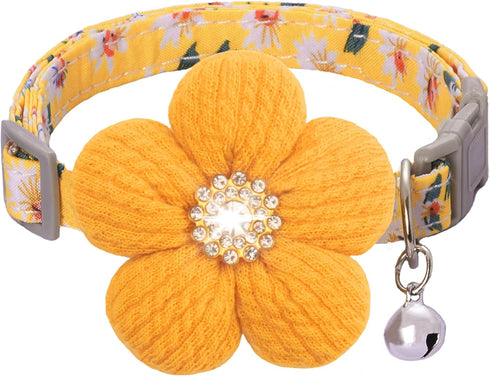Small Dog Collar with Flower, Adjustable Length Puppy Collar for Girl Dogs, Cute with Bell, Yellow