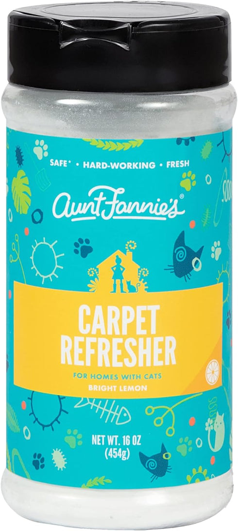 Aunt Fannie’s Cat Carpet Refresher, Odor Neutralizing Powder for Homes with Cats, Bright Lemon Scent, 16 Ounce