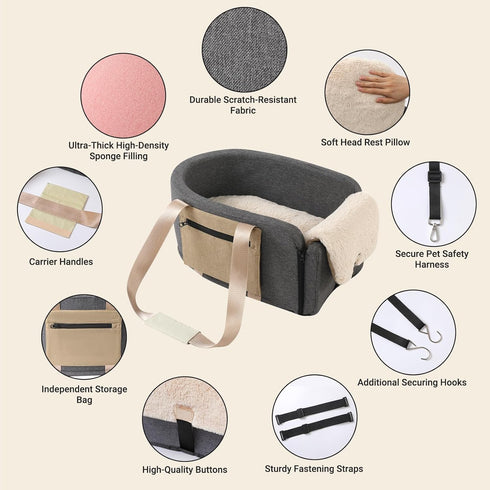 Dog Car Seat Cat Carrier, Booster Seat on Car Armrest, Travel Bags for Cats Dogs with Easy Carrying Strap
