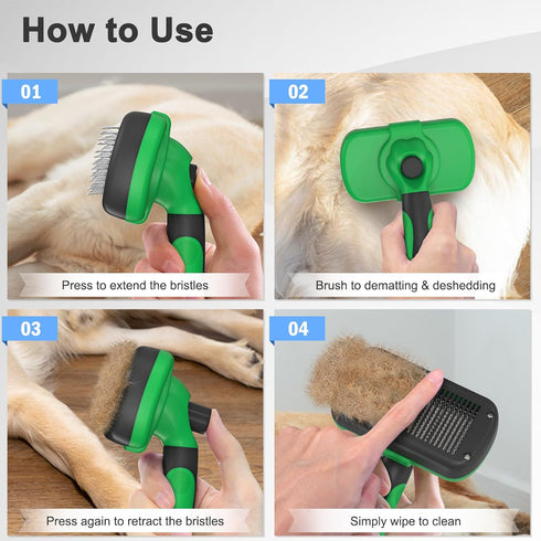 Self Cleaning Shedding Brush for Dogs & Cats, Skin Friendly Grooming Brush for Shedding, Green