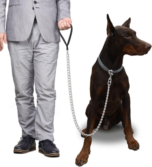 CtopoGo Premium Chain Heavy Duty Dog Leash, Soft Padded Leather Handle Lead, 4 ft. x 5.0 mm (60-200 lbs.)