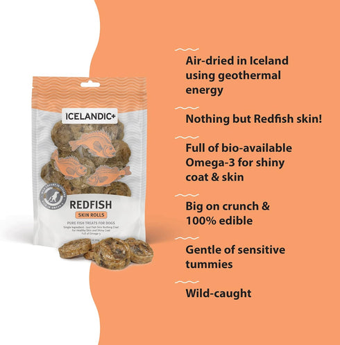 Icelandic+ Skin Rolls: Redfish Dog Treats, 3oz Bag, Pure Wild-Caught Air-Dried Fish, Single Ingredient Snacks