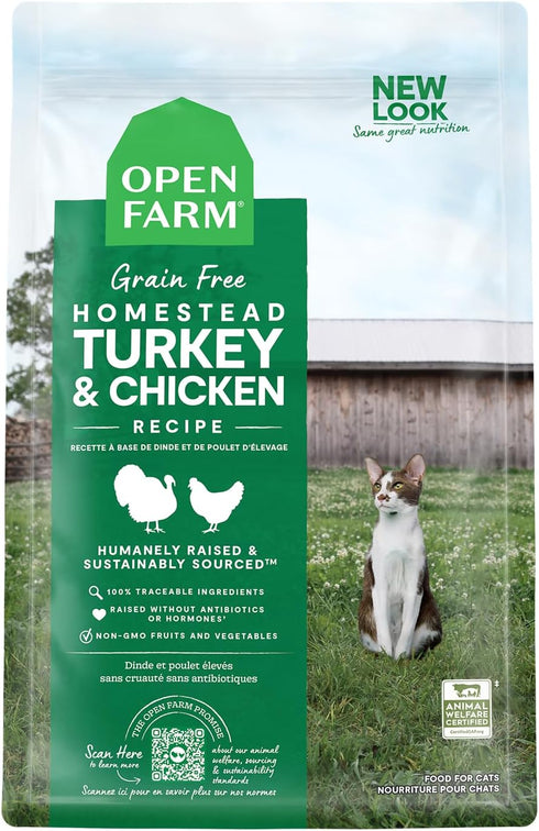 Open Farm Homestead Turkey & Chicken Grain-Free Dry Cat Food, Wild-Caught Fish Recipe, Non-GMO Superfoods, 8 lbs