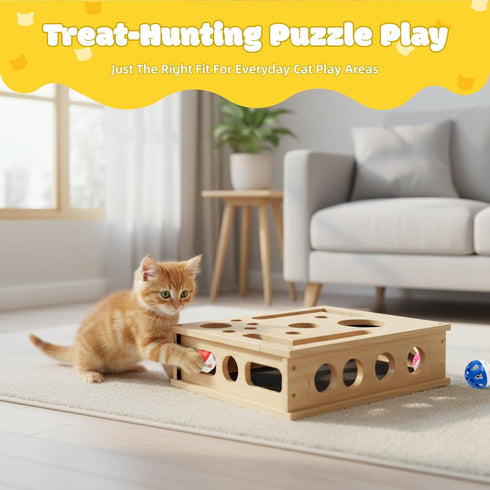 Yumcute 3 Cat Nail File Enrichment Box - Wooden Scratch & Puzzle Toy with Bell Balls, Sandpaper Pad for Indoor Cat Claw