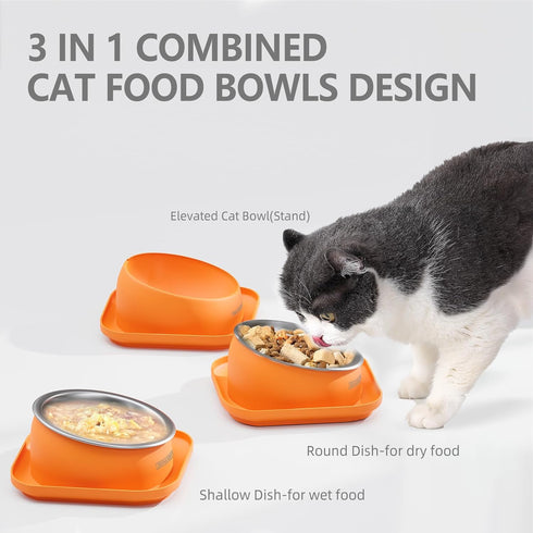 Elevated Cat Food Bowl, Tilted Feeding Stand, Whisker Friendly, Slanted Flat Plastic Feeder, Orange
