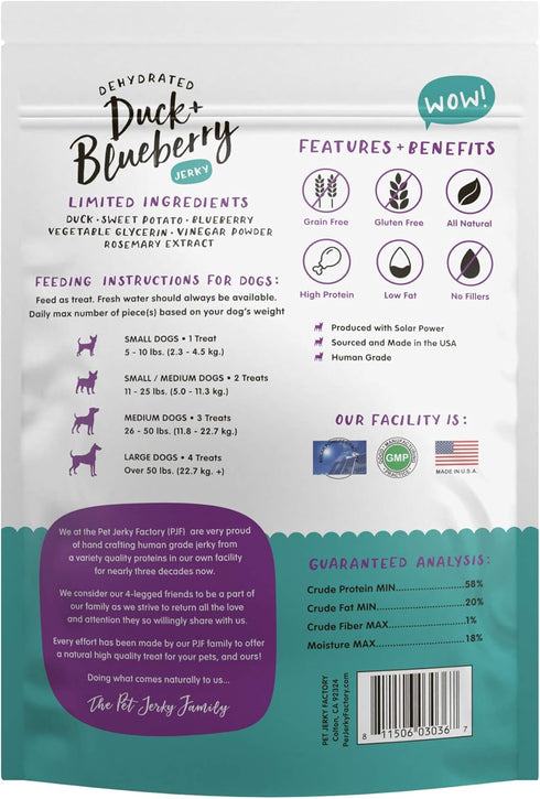 Pet Jerky Factory Premium Duck and Blueberry Dog Jerky Treats - 5 oz, 100% Human Grade, High Protein, Grain Free