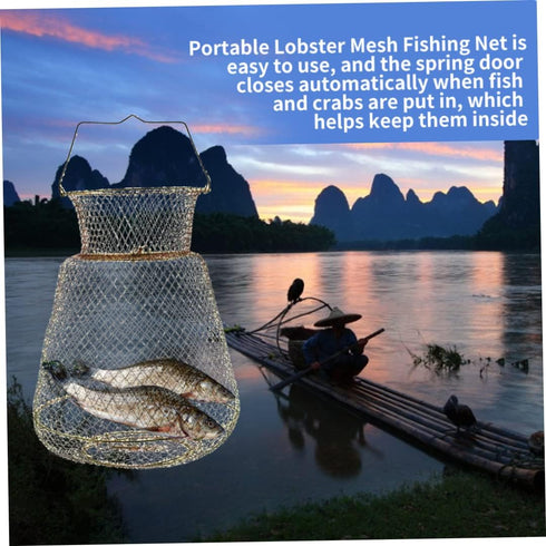KUYYFDS 25cm Wire Fish Crab Basket Portable Foldable Round Metal Fishing Lobster Cage with Handle