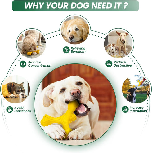 Indestructible Dog Chew Toys for Aggressive Chewers, Durable Cleaning Toothbrush Natural Rubber Bones Toy (Yellow)