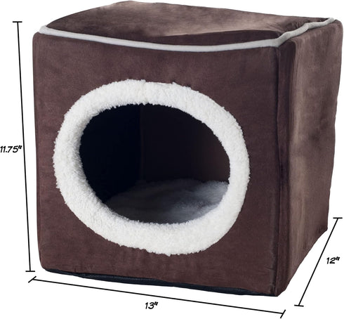 Cat House - Indoor Bed with Removable Foam Cushion, Dark Brown, 13x13.5x12"