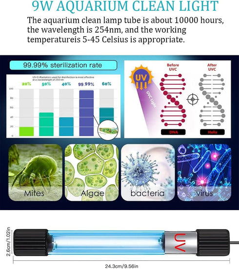 Aquarium Clean Light, 9W Submersible Light with Timer for Fish Tank, Waterproof Lamp for Sump Pool