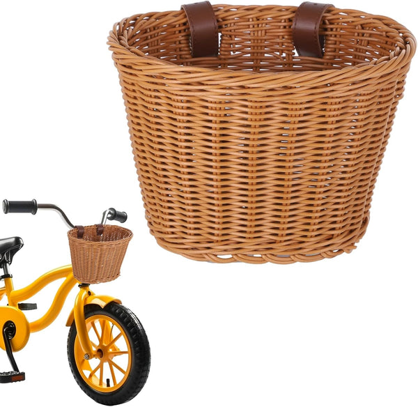 Kid's Bike Basket Front, Bicycle Hanging Basket with Adjustable PU Belts, Weatherproof Rattan Storage