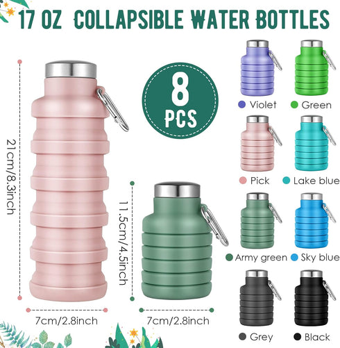 Lallisa 8 Pcs Collapsible Water Bottle - Reusable Silicone Foldable 17 oz Sports Water Bottle with Carabiner