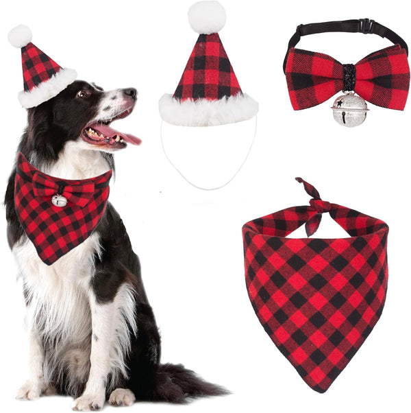 ADOGGYGO Christmas Dog Bandana Hat Bow Tie Set, Classic Red Plaid Pet Xmas Costume Outfit for Medium Large Dogs