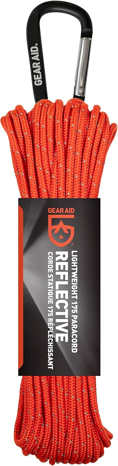 GEAR AID 175 Paracord - Lightweight Visible Guyline for Securing Tarps and Tents, 100 ft, Orange Reflective