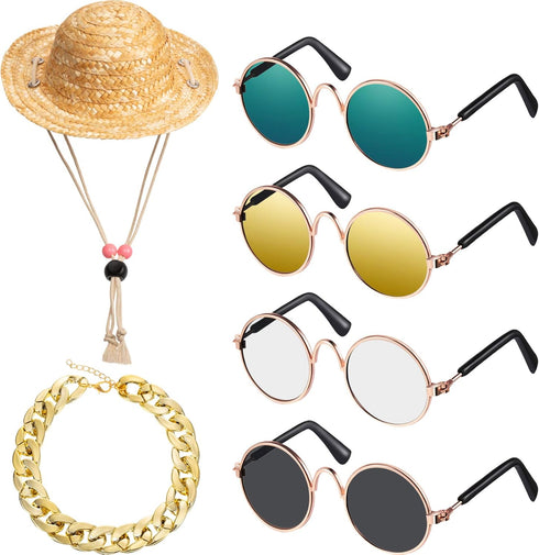 Weewooday 6 Pieces Dog Cat Costume - Pet Sunglasses and Summer Straw Hat with Faux Gold Chain Collar for Small Medium