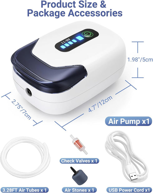 Rechargeable Aquarium Air Pump, Portable Oxygen Pump with Single/Dual Outlets, Quiet Aerator for 30/70 Gallon Tanks