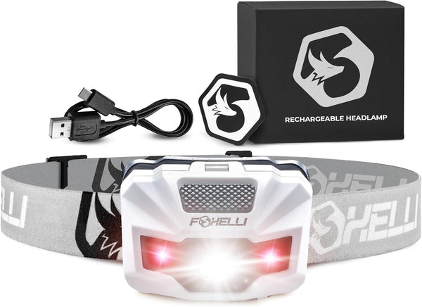 Foxelli Rechargeable LED Headlamp, Ultralight, Waterproof, USB Rechargeable with Red Light for Running, Camping, Hiking