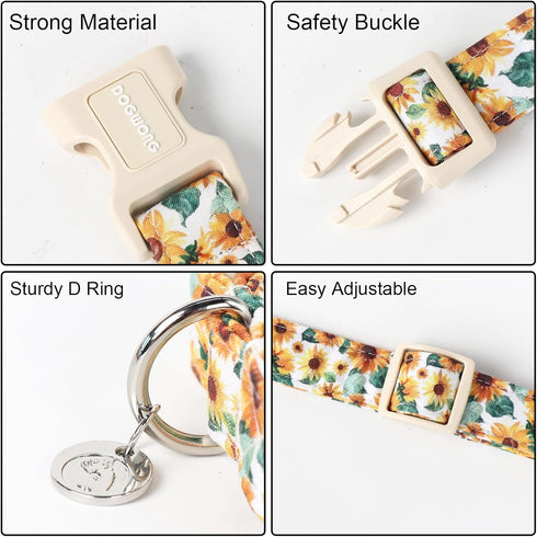 DOGWONG Female Cotton Dog Collar, Durable Soft Sunflower Design, Cute Summer Necklace for Small Medium Large Dogs