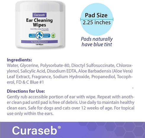 Curaseb Cat and Dog Ear Wipes – Cleans, Deodorizes, Soothes Ear Issues with Aloe Vera – 100 Wipes
