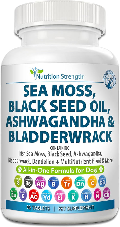 Sea Moss for Dogs - 750mg Black Seed Oil, 500mg Ashwagandha, 250mg Turmeric, 90 Tablets with Vitamin C & D3