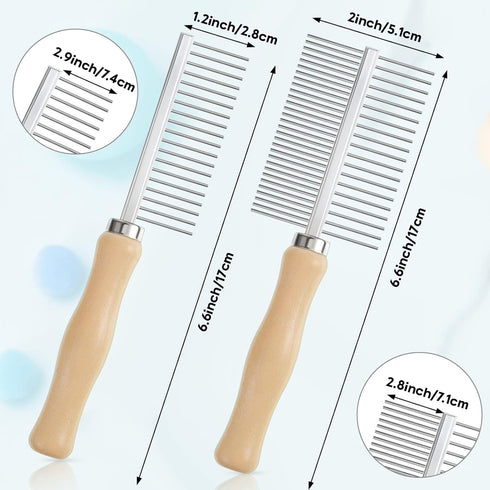 2 Pcs Dog Metal Combs Cat Wooden Handle Grooming Comb Stainless Steel Cat Comb Double Side Metal Comb for Dogs Pet Dog Grooming Brush Pet Hair Brush Cat Flea Comb for Long Short Hair Fur Brush Tool